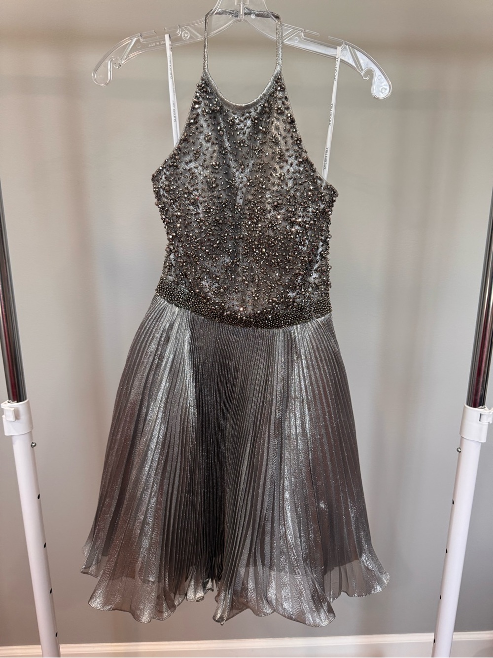 Sherri Hill Silver Beaded Halter Prom Dress